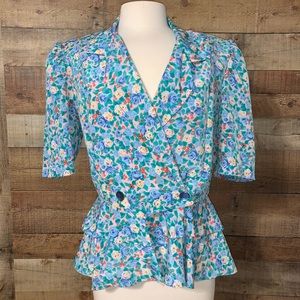 Vintage | Floral Print Paddled Shoulder Blouse